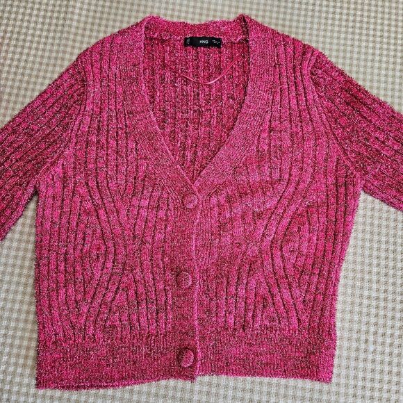 Mango Pink Fuchsia Metallic Cable Knit Long Sleeve Festive Chic Cropped Sweater - Picture 3 of 15